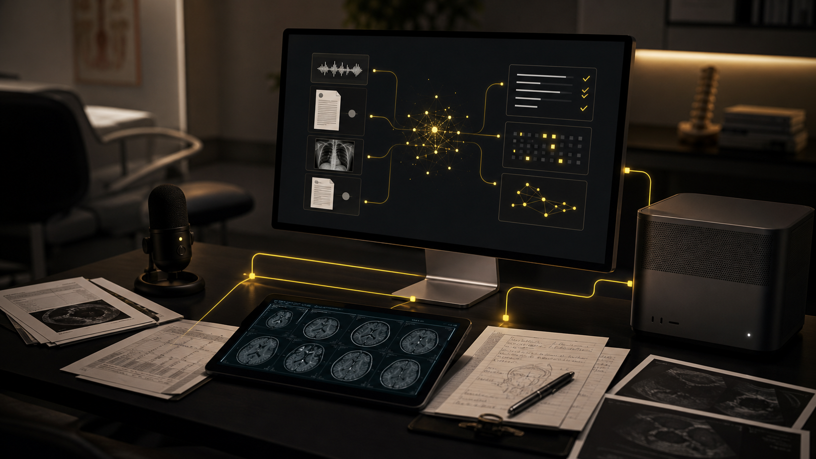 Biurko lekarza: monitor z workflow AI, tablet z badaniami, lokalny komputer